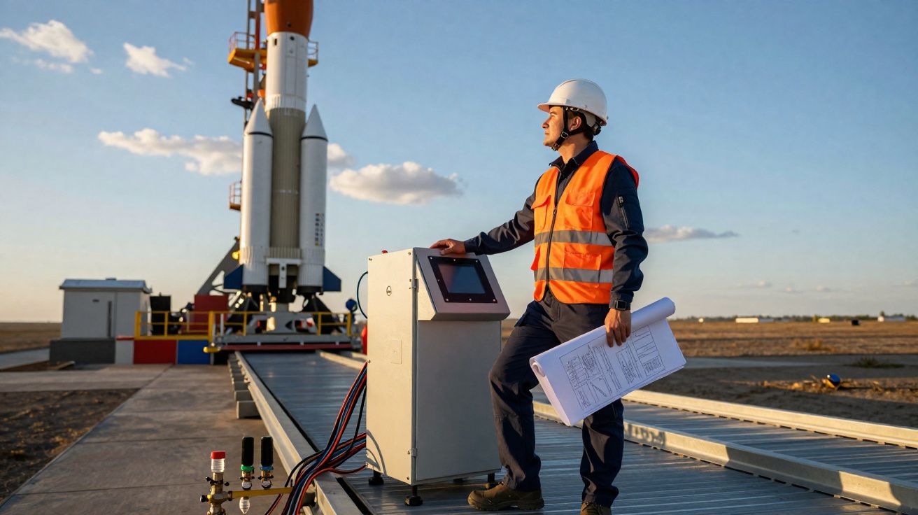 Engenheiro com capacete e colete laranja controla lançamento de foguete ao ar livre no pôr do sol.