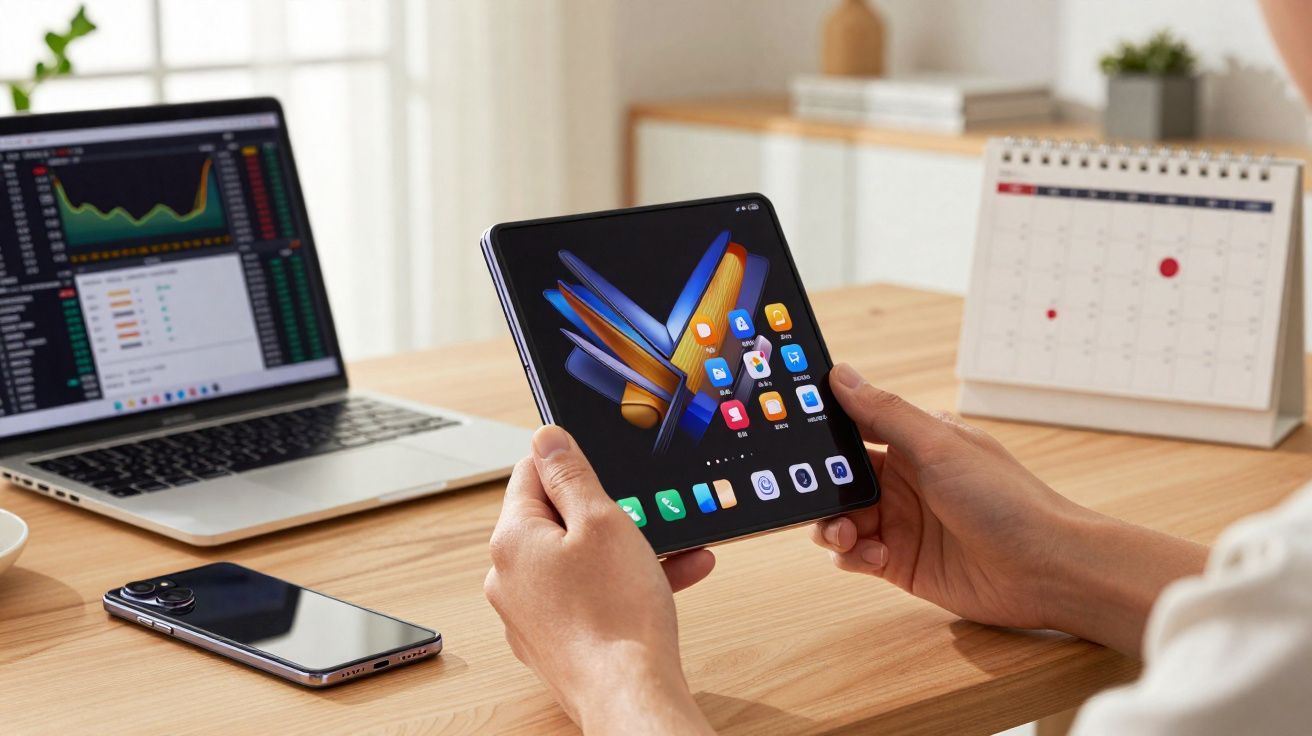 Pessoa segurando smartphone dobrável aberto com tela colorida, laptop e calendário em mesa de madeira.