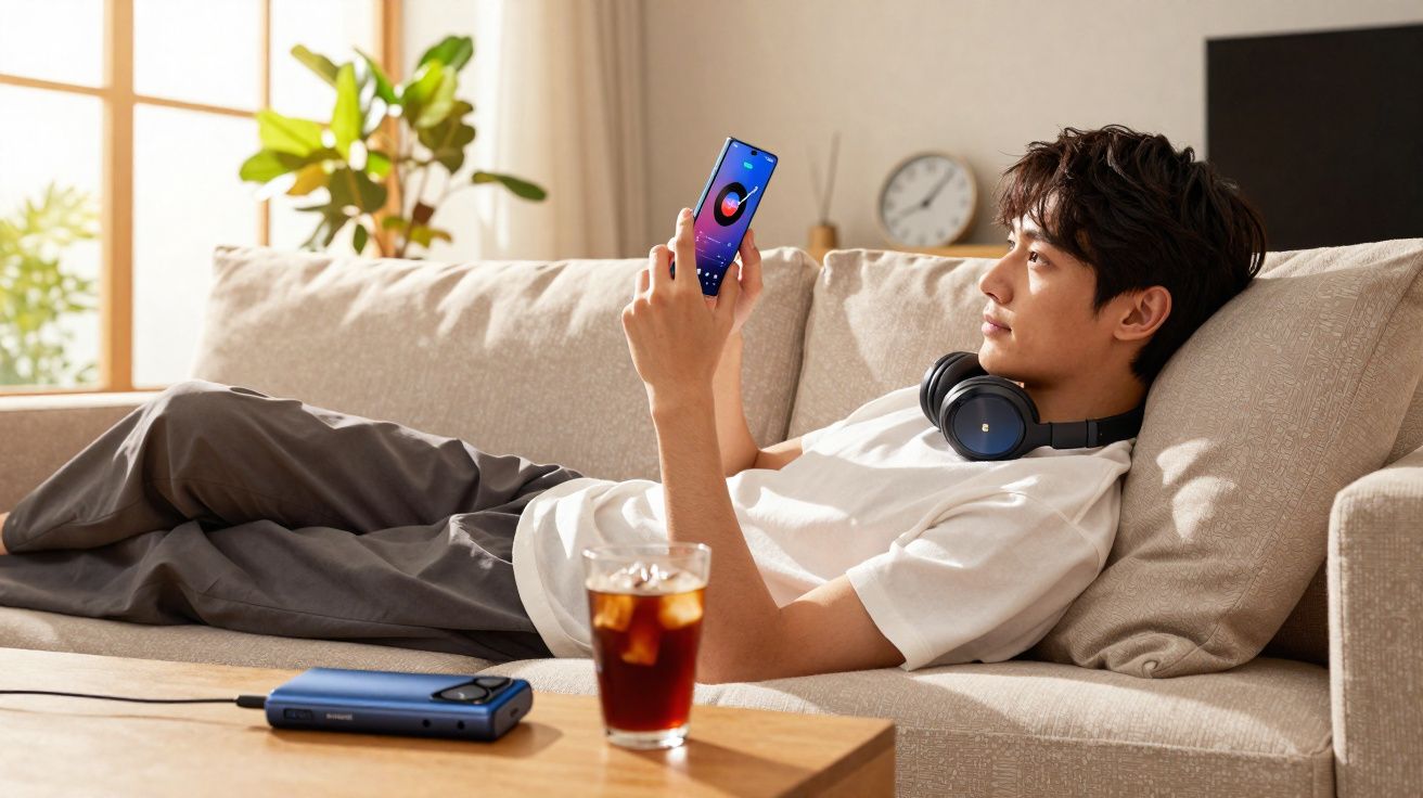 Jovem deitado no sofá olhando para celular, com fones de ouvido e copo de bebida na mesa à frente.