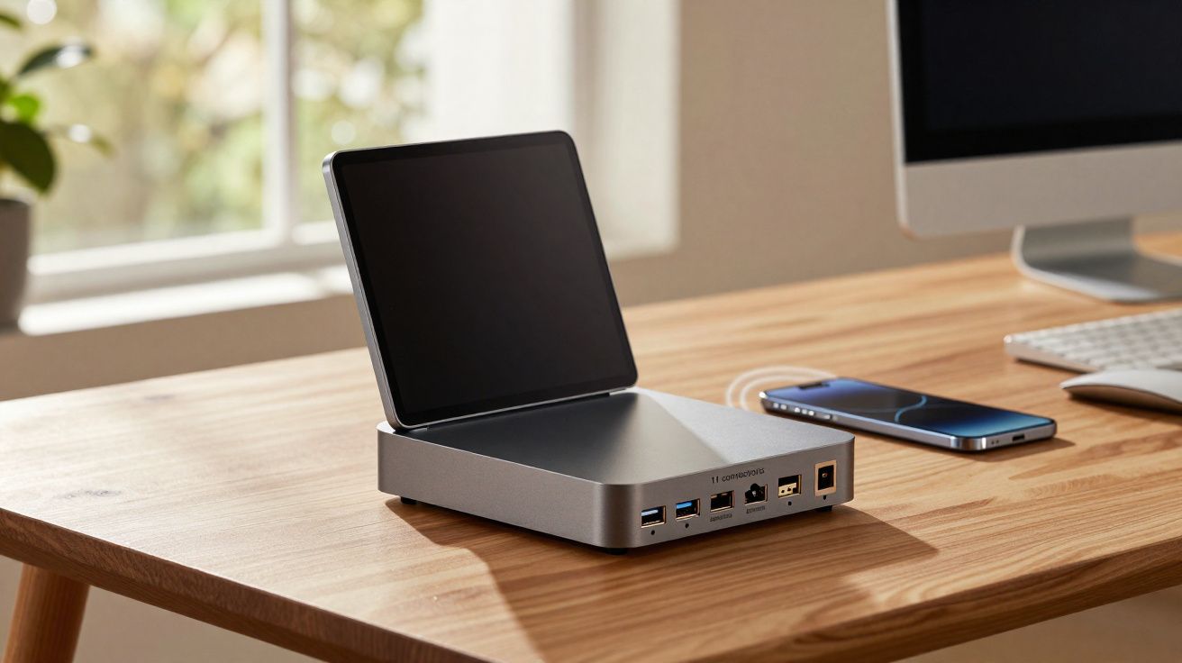 Estação de ancoragem para smartphone em mesa de madeira, ao lado de computador e teclado branco.