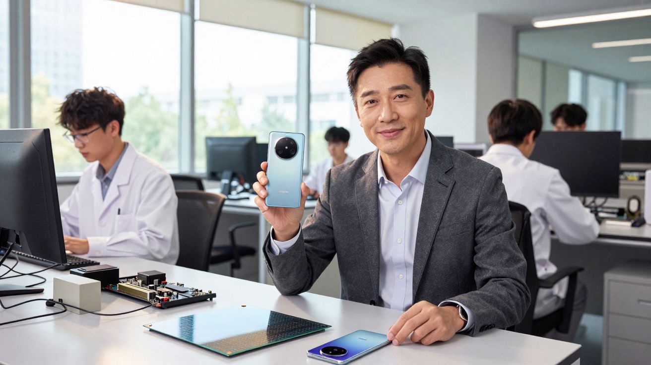 Homem mostrando smartphone azul em escritório com técnicos ao fundo trabalhando em computadores.