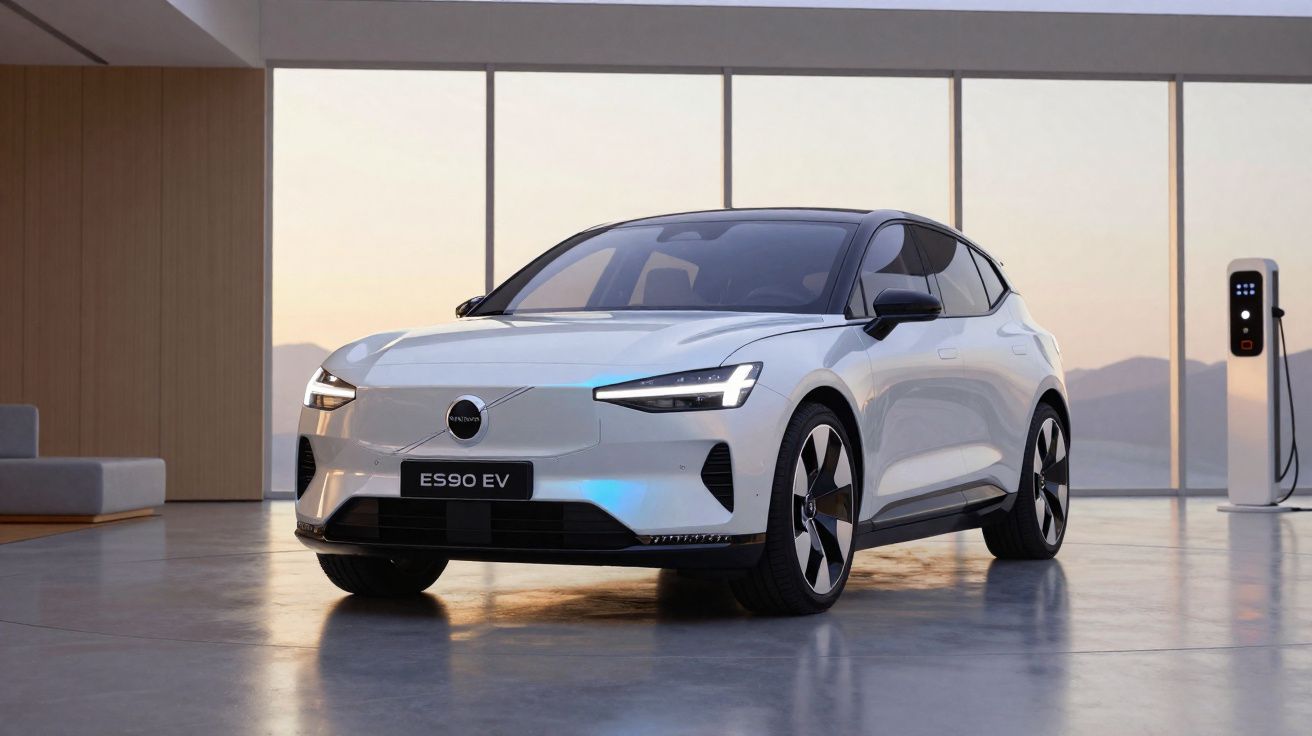 Carro elétrico Volvo ES90 EV branco estacionado em ambiente moderno com carregador elétrico ao fundo.