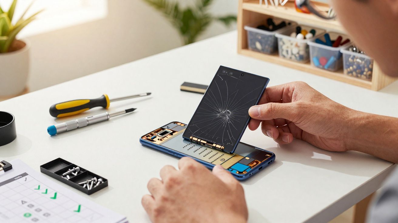 Pessoa segurando tela quebrada de smartphone para reparo em mesa com ferramentas e peças.