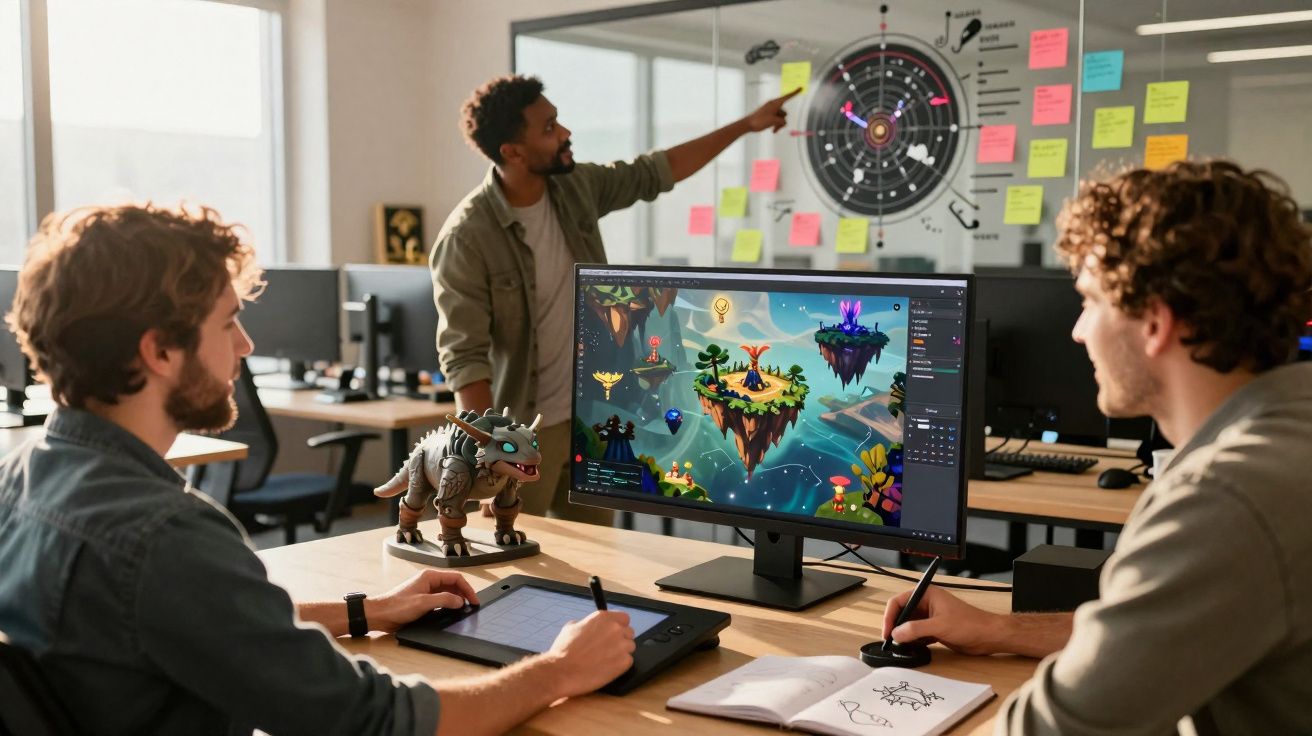 Três homens em escritório desenvolvendo um jogo digital com tablet, monitor, anotações e quadro de planejamento.