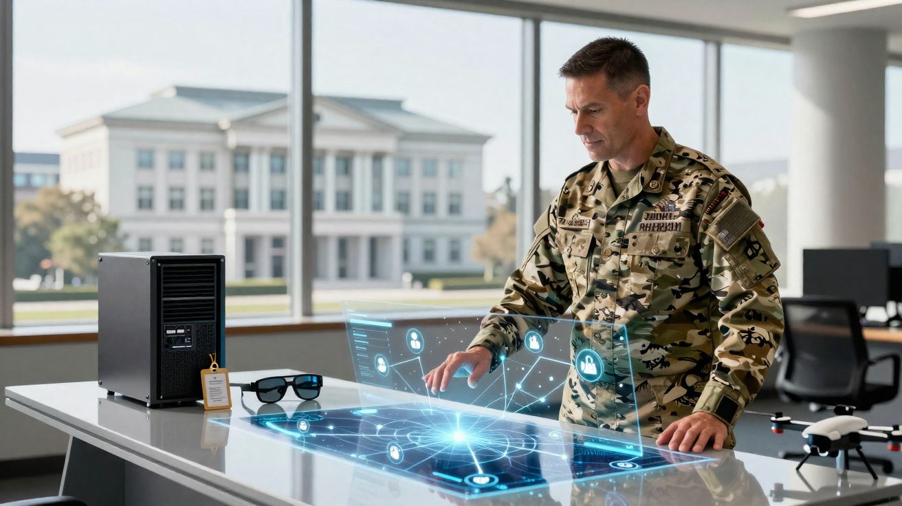 Militar em uniforme camuflado interage com tela holográfica futurista em mesa de escritório moderno.
