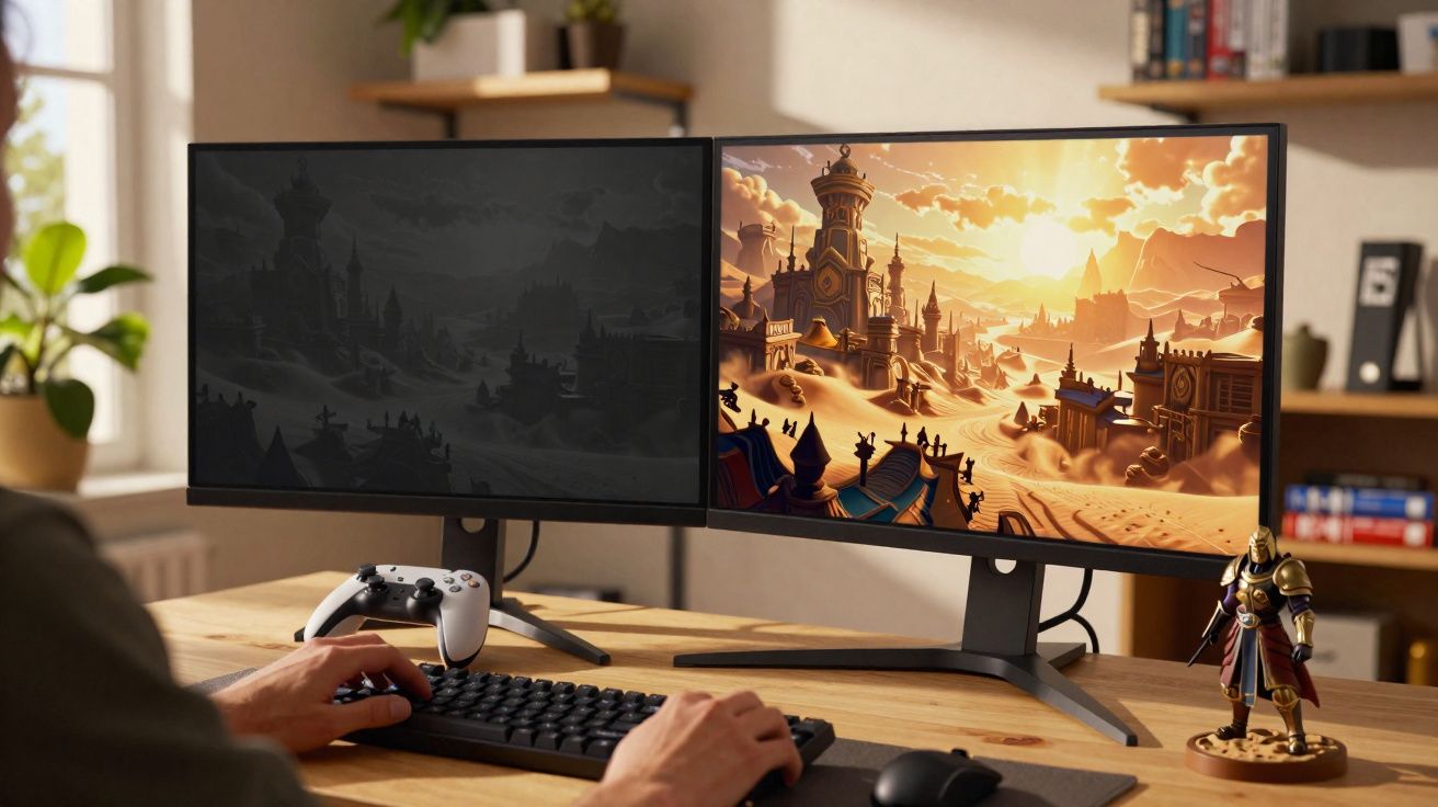 Mesa com dois monitores, um mostrando jogo medieval e controle de videogame branco apoiado na base.