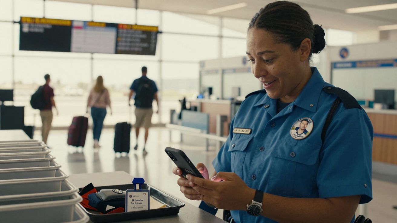 Funcionária da segurança do aeroporto usando celular próximo à esteira de inspeção e passageiros ao fundo.