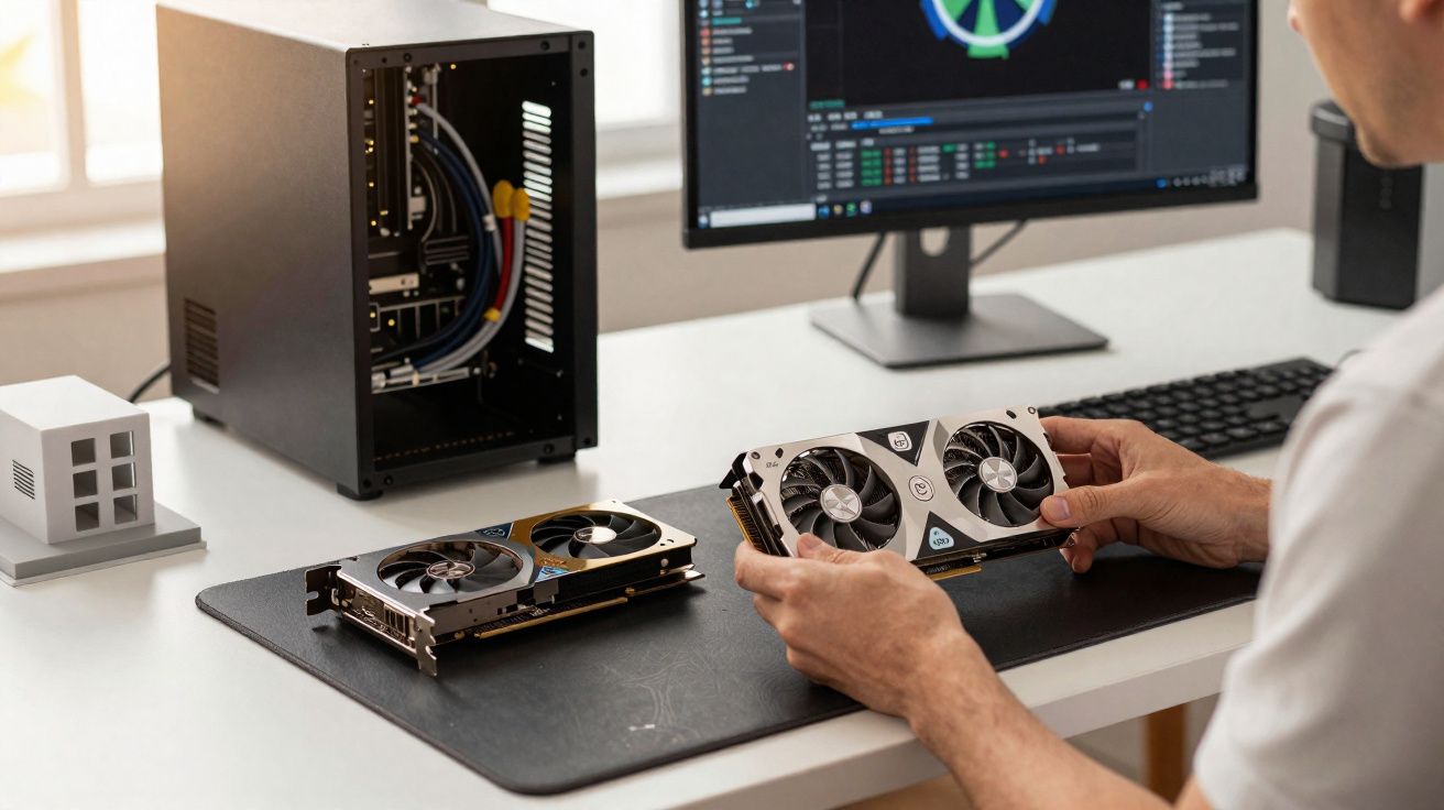 Pessoa segurando placa de vídeo na mesa com computador aberto e monitor ligado ao fundo.