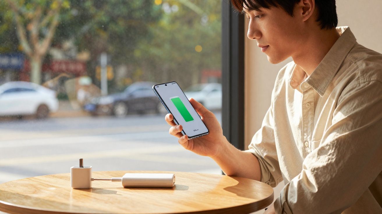 Homem sentado em mesa de madeira olhando para celular com bateria carregada, na frente da janela.