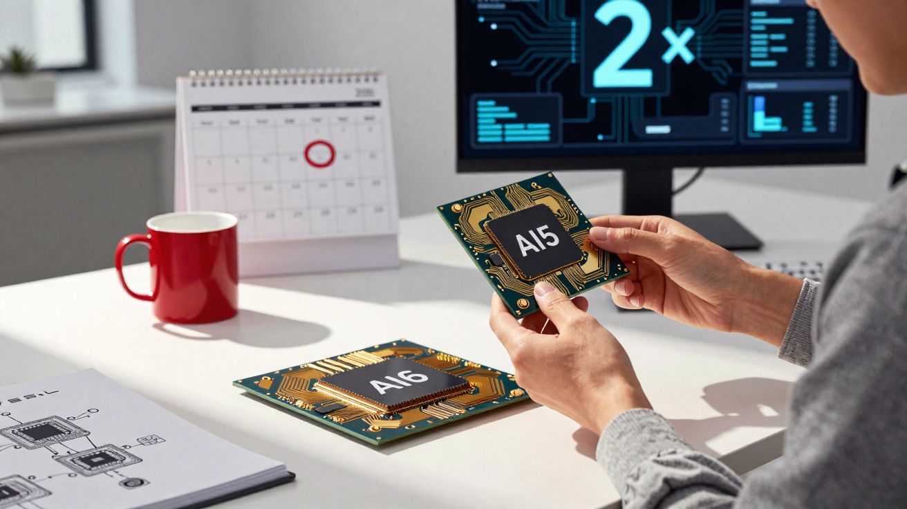 Pessoa segurando chip AI5 com chip AI6 sobre mesa, monitor e calendário no fundo.