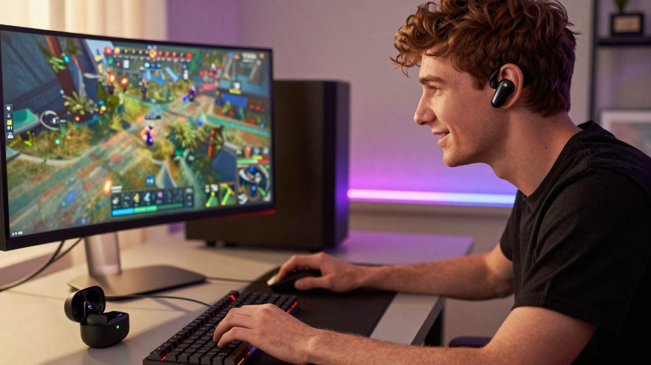 Jovem com fones de ouvido sem fio joga videogame em monitor grande com teclado e mouse em mesa.