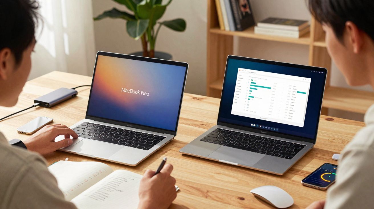 Duas pessoas em mesa de madeira usando laptops MacBook Neo com anotações e smartphone à vista.