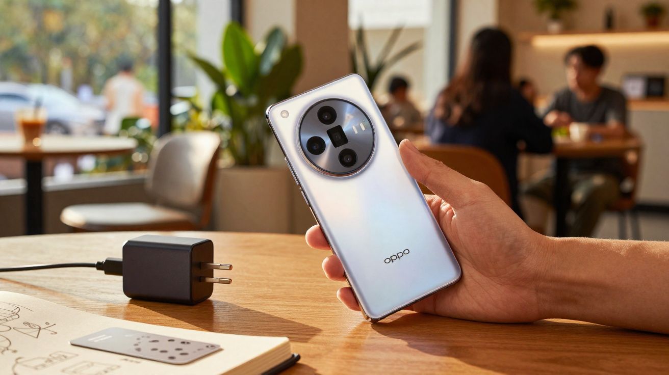 Pessoa segurando smartphone branco da marca Oppo em mesa com carregador e caderno em ambiente interno.