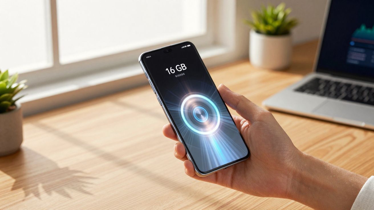 Mão segurando celular exibindo armazenamento disponível de 16 GB, com laptop e plantas ao fundo.