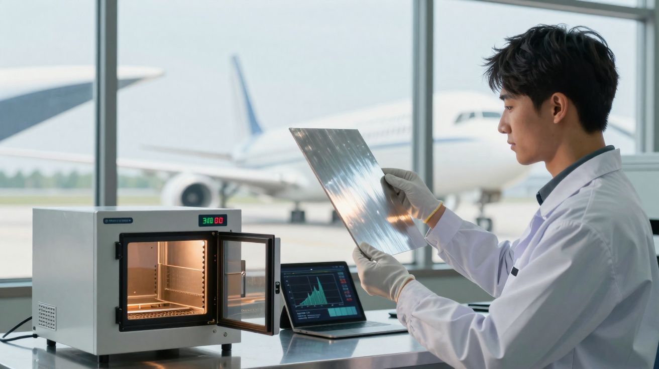 Homem de jaleco e luvas examina painel metálico em laboratório com avião ao fundo.