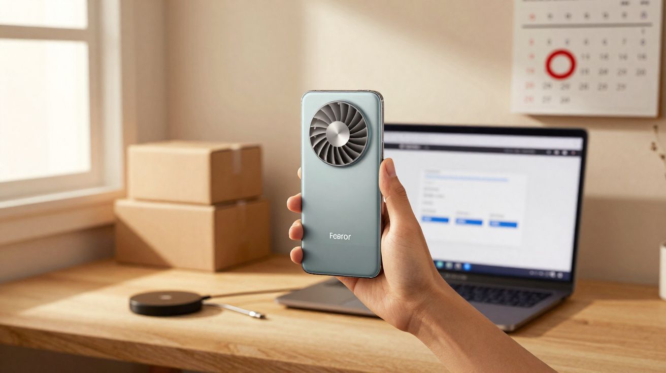 Mão segurando celular cinza com ventilador embutido, com computador e caixas ao fundo em mesa de madeira.