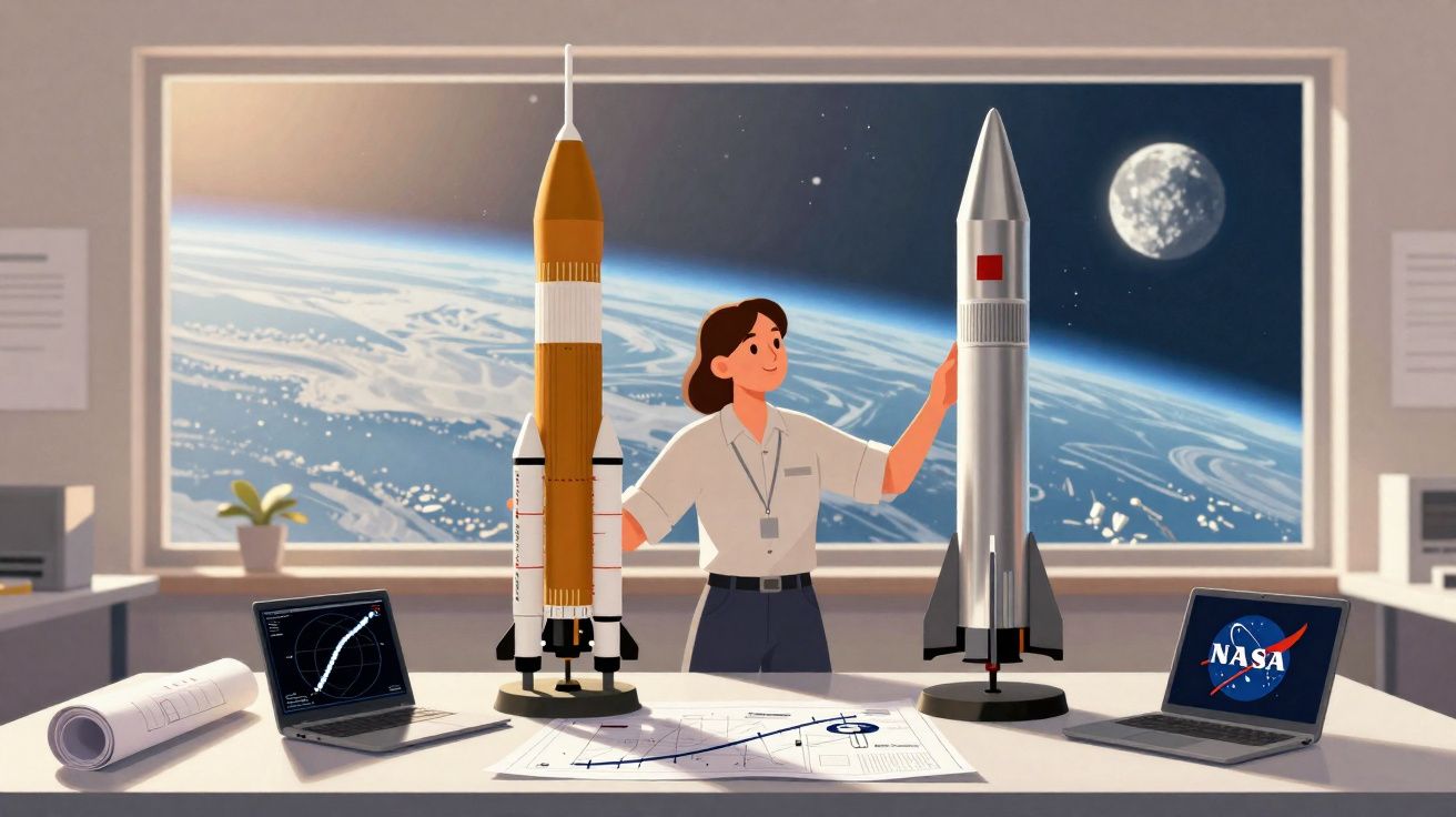 Mulher cientista em laboratório com dois modelos de foguetes e laptops, fundo da Terra e Lua.