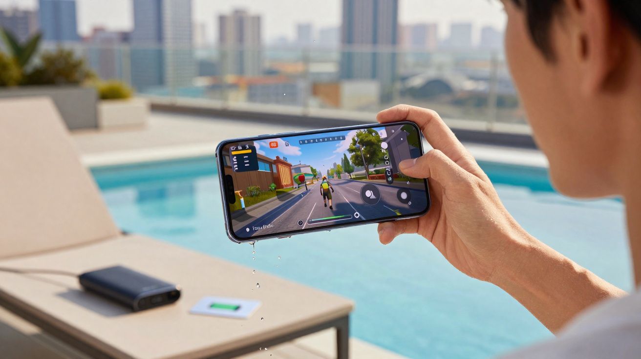 Pessoa segurando celular à beira da piscina com jogo de ciclismo na tela e gotas d'água escorrendo.