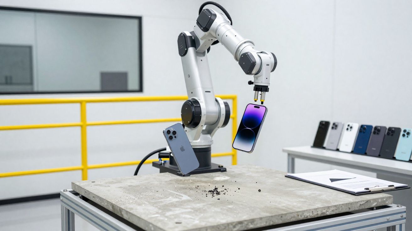 Braço robótico segurando dois smartphones sobre mesa de concreto em laboratório tecnológico.