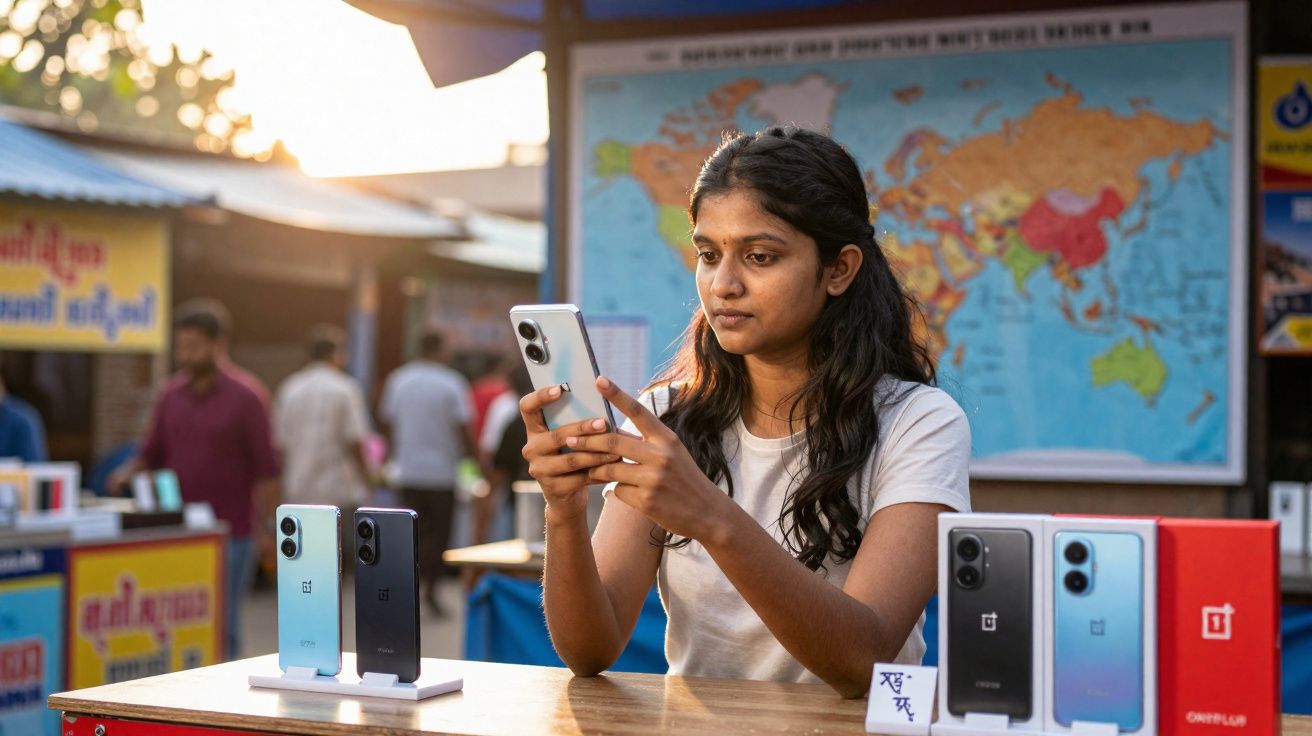 Mulher sentada em mesa ao ar livre, segurando smartphone OnePlus, com outros celulares e embalagens expostas.