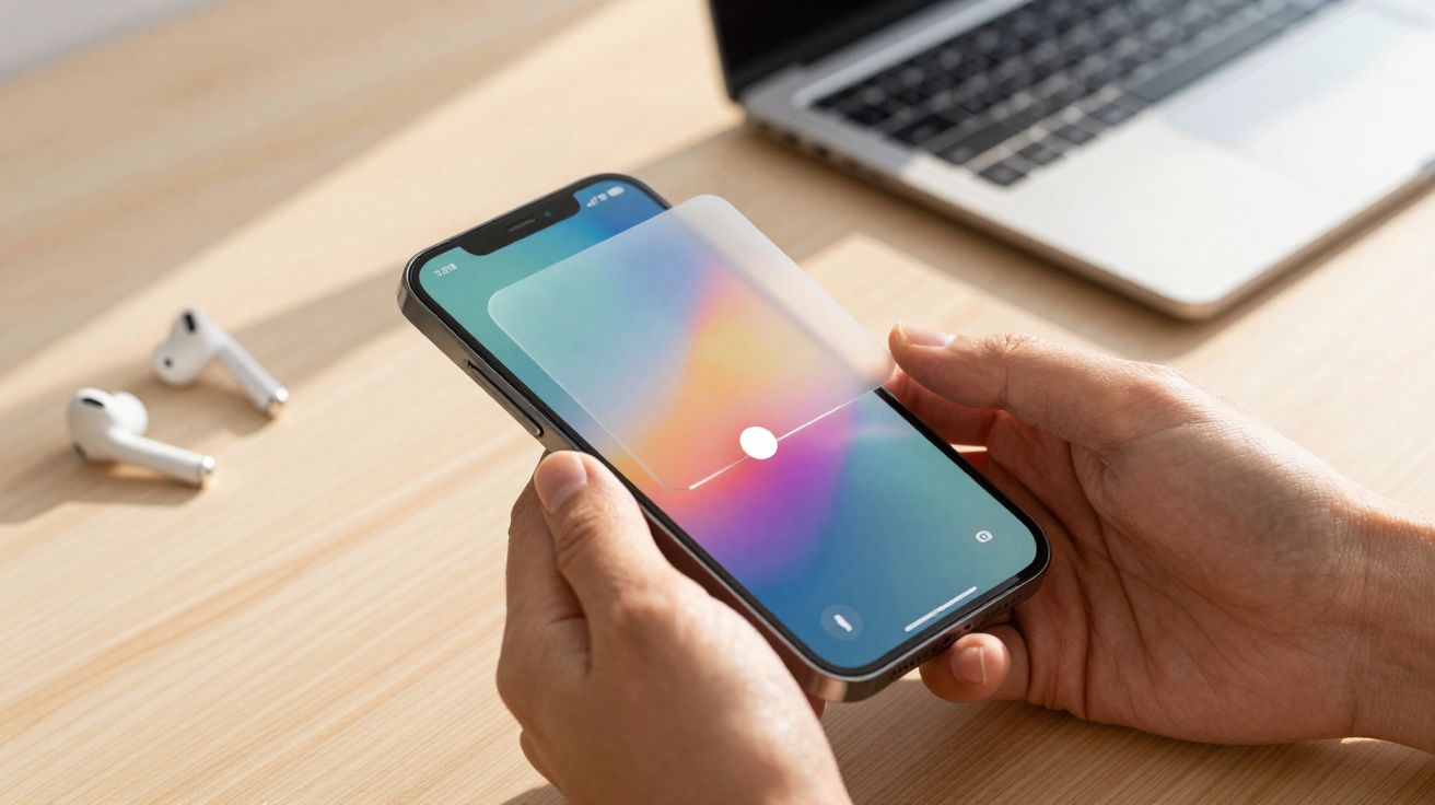 Pessoa ajustando o volume no celular com fones de ouvido sem fio e notebook ao fundo sobre mesa de madeira.