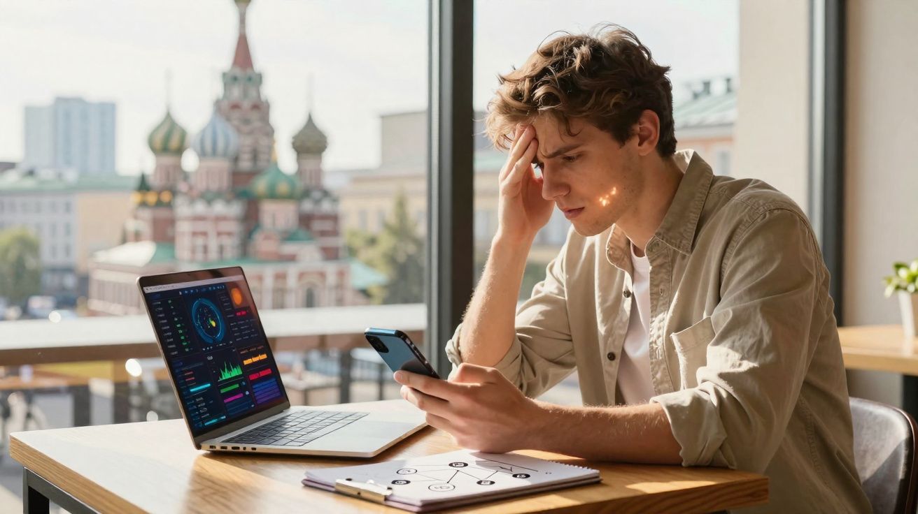 Jovem preocupado olhando o celular sentado à mesa com laptop e caderno, fundo com prédio histórico.