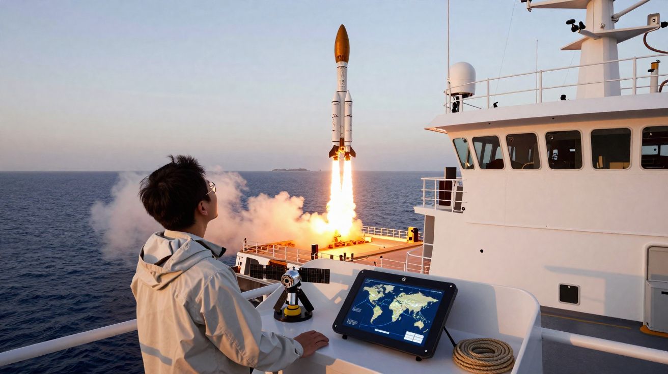 Homem observa lançamento de foguete do convés de um navio no mar aberto durante o dia.
