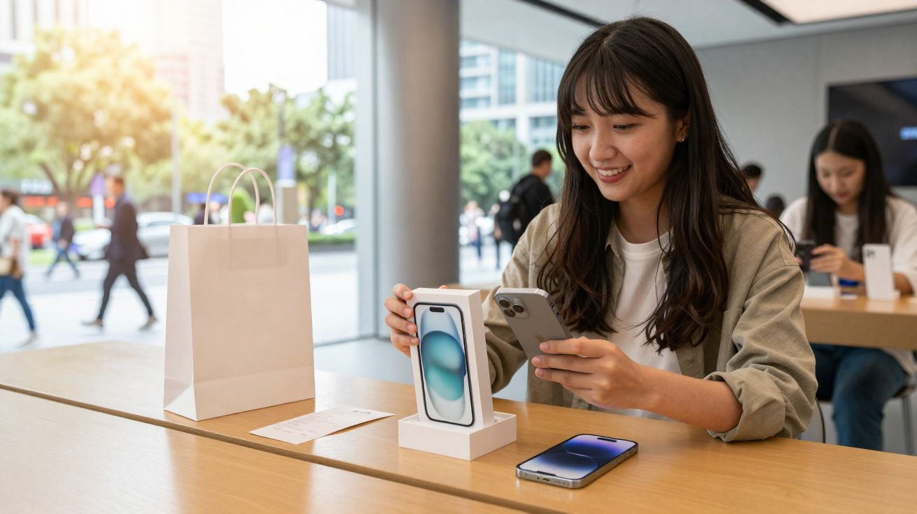 Mulher sorrindo compra smartphone novo em loja moderna com sacola e caixa sobre mesa de madeira.
