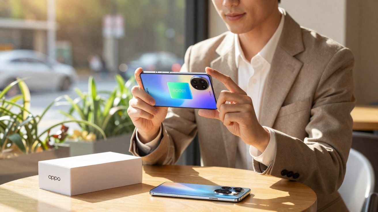 Homem em jaqueta bege segurando smartphone azul, com outro telefone e caixa OPPO sobre mesa redonda.