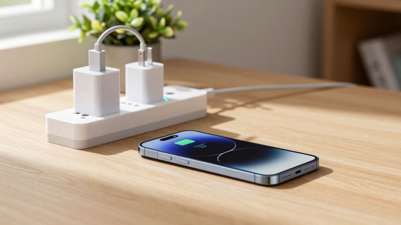 Smartphone carregando sem fio sobre mesa de madeira ao lado de carregadores na tomada.