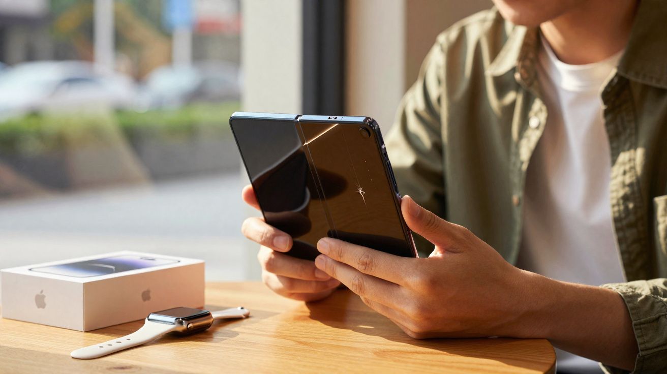Pessoa segurando smartphone dobrável preto em mesa de madeira com smartwatch e caixa da Apple.