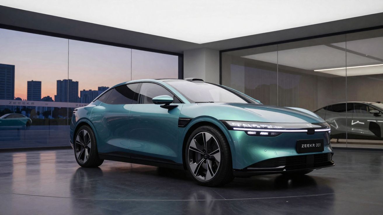 Carro elétrico Zeekr 001 azul em showroom moderno com iluminação suave e fundo urbano ao anoitecer.