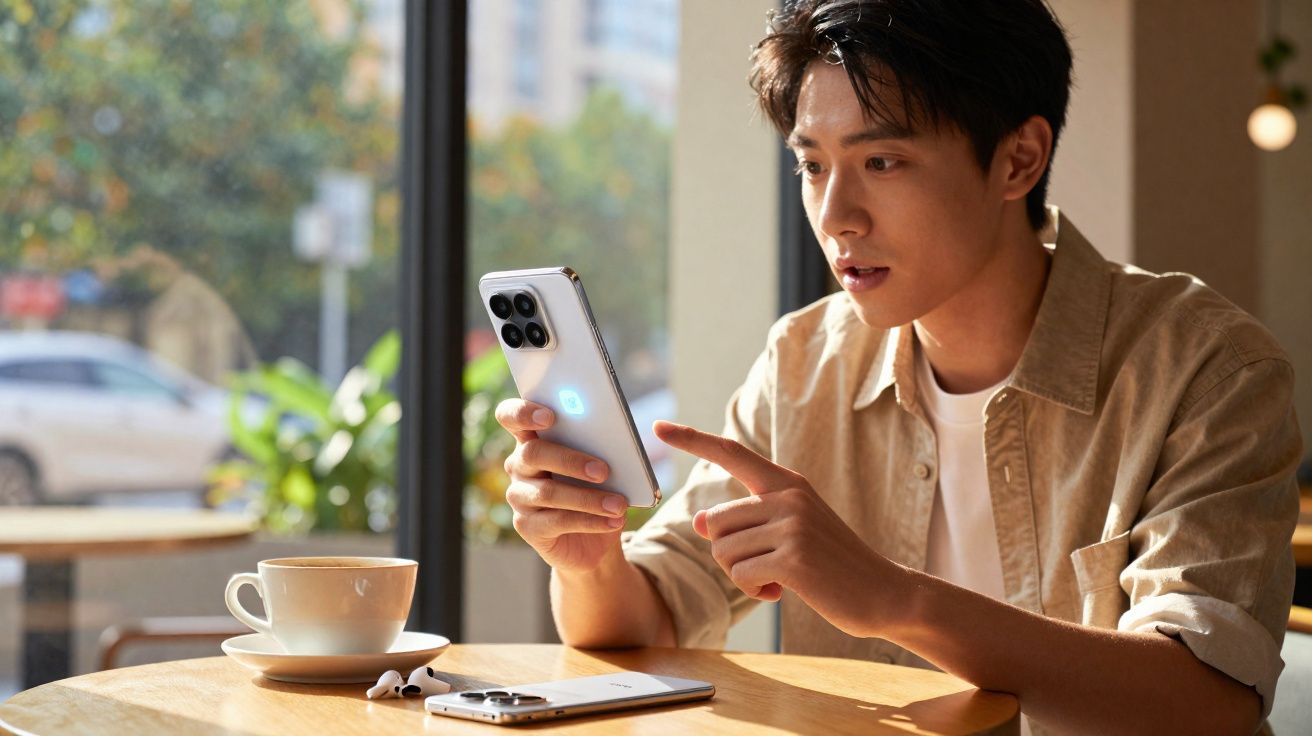 Jovem sentado em cafeteria, olhando surpreso para o celular branco na mão, com café e fones na mesa.