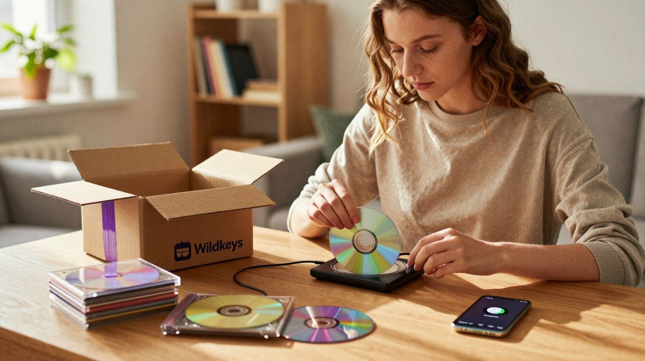 Mulher coloca CD em gravador externo ao lado de caixa, CDs e celular sobre mesa de madeira.