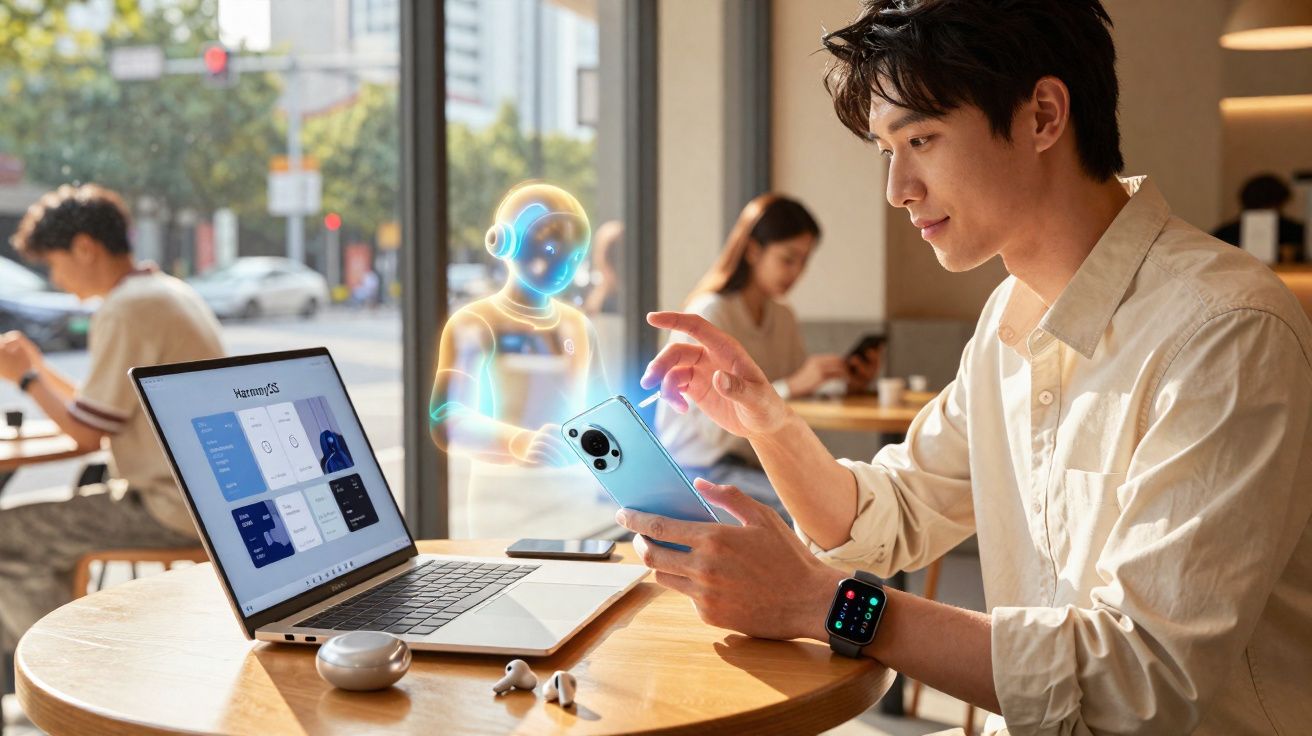 Homem sentado em cafeteria interage com smartphone e projeção holográfica de robô ao lado de laptop.