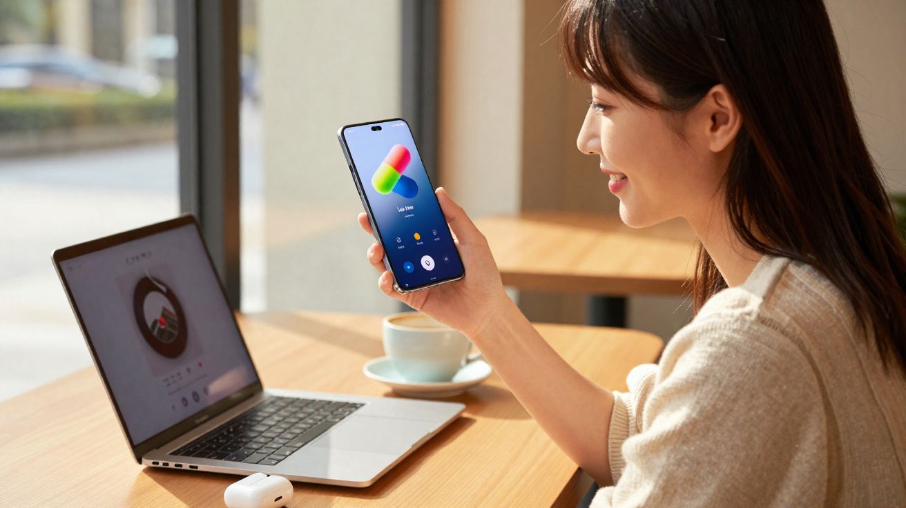 Mulher sorrindo usando smartphone e laptop em mesa com xícara de café em ambiente iluminado.