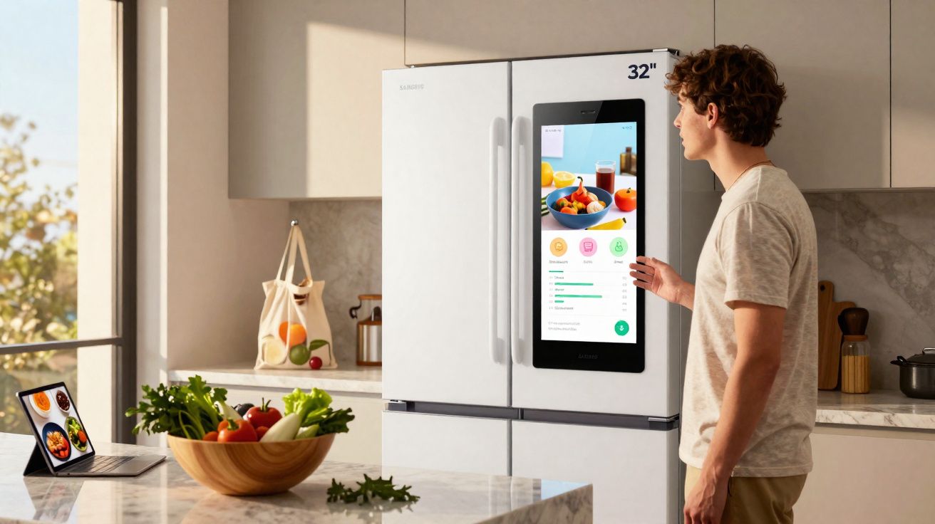 Homem usando geladeira inteligente com tela touch para receitas na cozinha moderna.