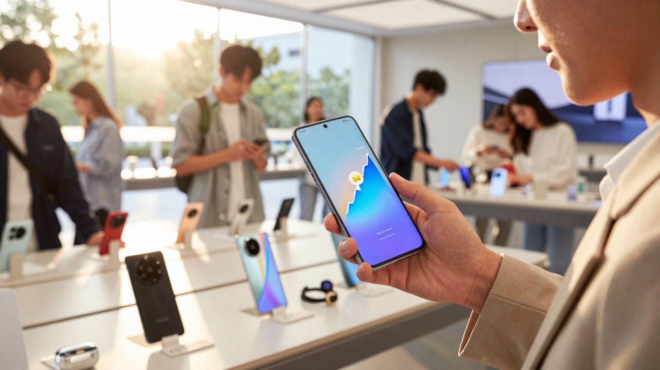 Pessoa segurando smartphone em loja de eletrônicos com outros clientes ao fundo.