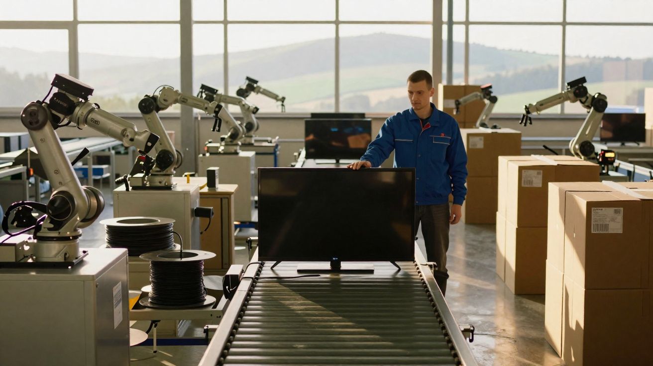 Homem operando robôs industriais em fábrica com esteiras e caixas de papelão.
