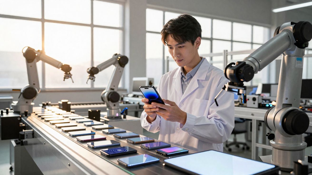 Jovem cientista em laboratório com jaleco branco testa smartphones em linha de montagem automatizada.