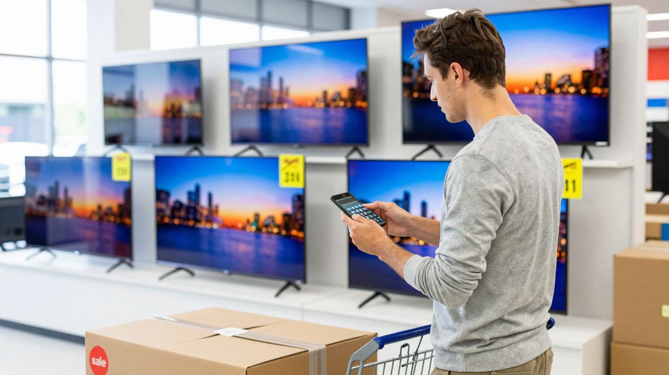 Homem com controle remoto escolhe TV em loja de eletrônicos com várias telas expostas.