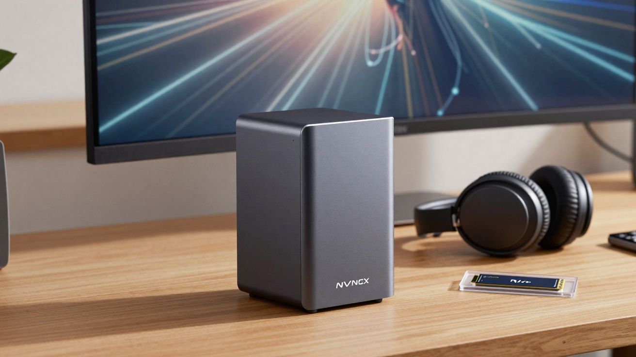 Estação de armazenamento NVMe cinza sobre mesa de madeira com fones de ouvido e monitor ao fundo.