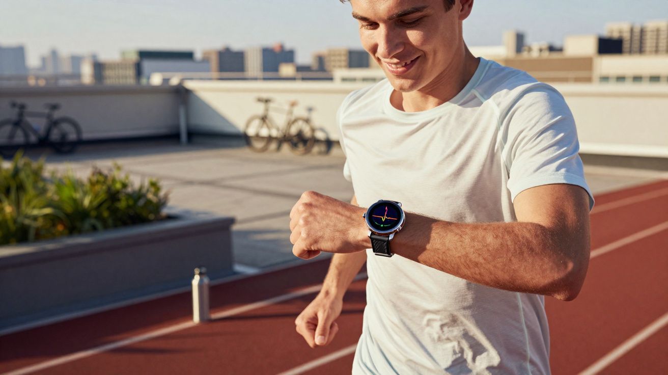 Homem sorrindo corre na pista ao ar livre e olha o smartwatch no pulso direito.