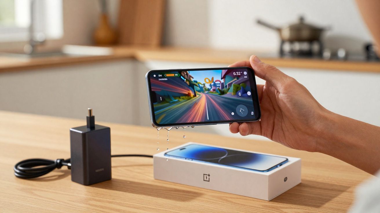 Mão segurando celular com jogo e gotas de água caindo, carregador e caixa do aparelho sobre mesa de madeira.