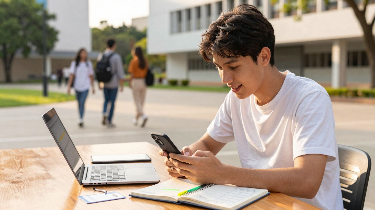 Jovem sentado ao ar livre estudando com notebook, caderno e celular em mesa de madeira.