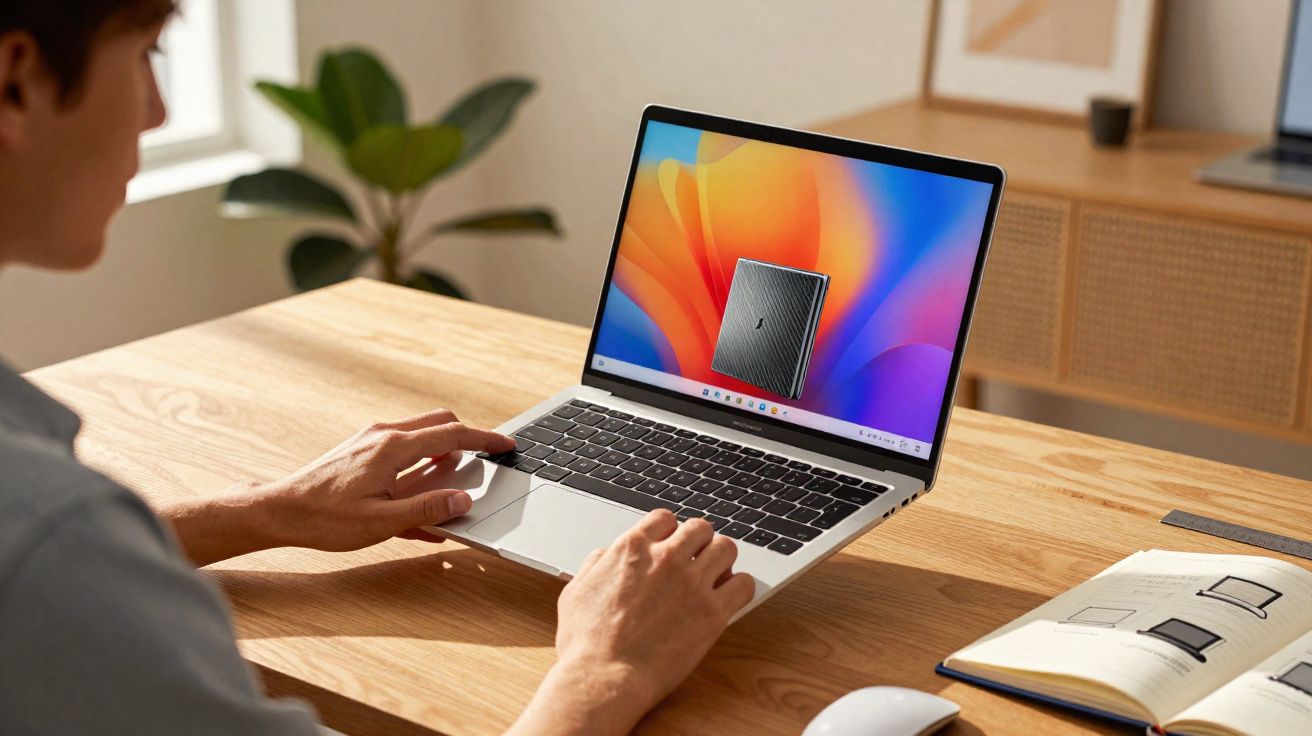 Pessoa usando laptop com imagem colorida e notebook aberto em mesa de madeira clara.