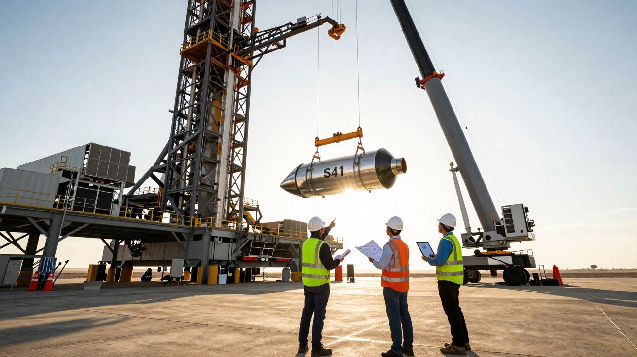 Três engenheiros de segurança observam tanque metálico S41 sendo içado por guindaste em plataforma industrial externa.