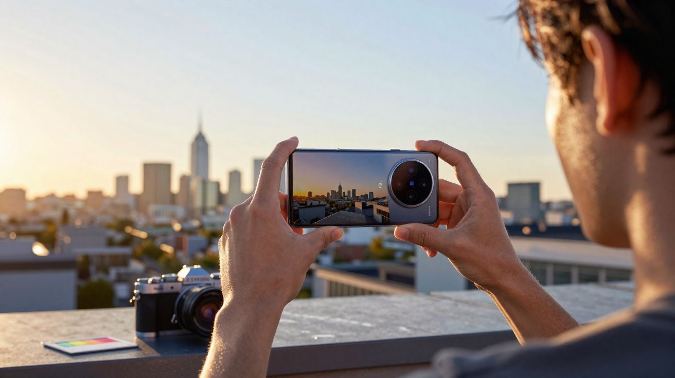 Pessoa fotografando a cidade ao pôr do sol com smartphone e câmera analógica ao lado.