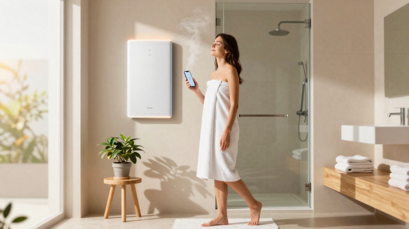 Mulher em toalha controla umidificador branco em banheiro moderno com planta e chuveiro ao fundo.