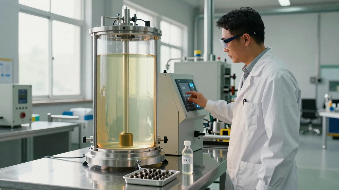 Cientista em jaleco branco operando equipamento laboratório com líquido amarelo dentro de cilindro transparente.